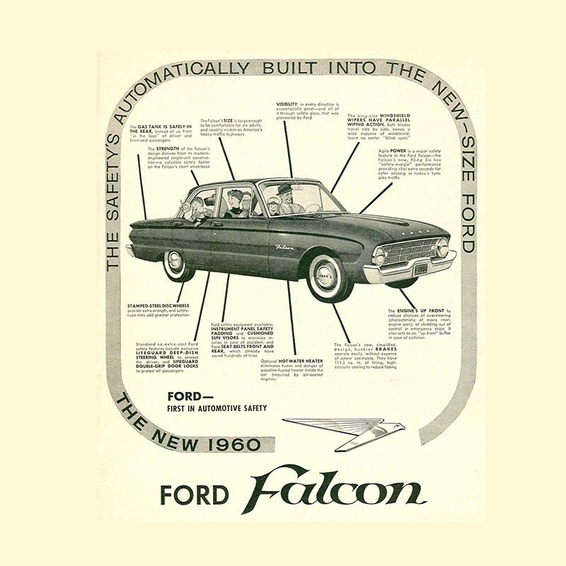 Vintage-Poster eines Ford Falcon aus den 1960er Jahren, zeigt das Auto in klassischem Design.